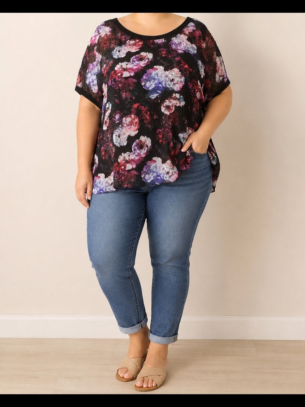 Torrid Floral Swiss Dot Blouse Top Size 5 Black Pink Purple Sheer Short Sleeve